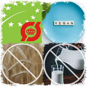 Glutenfri<br />Laktosefri<br />Vegansk<br />Økologisk