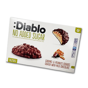 Diablo Fyldte Cookies<br />Karamel og peanuts overtrukket med mlkechokolade<br />Uden tilsat sukker