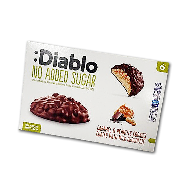 Diablo Fyldte Cookies<br />Karamel og peanuts overtrukket med mlkechokolade<br />Uden tilsat sukker