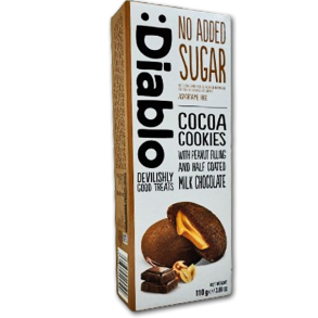 Diablo Fyldte Cookies<br />Kakao cookies med peanutfyld og mlkechokolade<br />Uden tilsat sukker