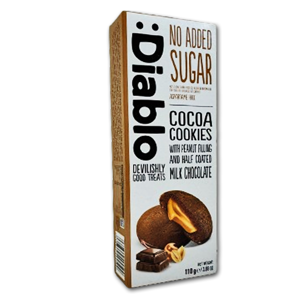 Diablo Fyldte Cookies<br />Kakao cookies med peanutfyld og mlkechokolade<br />Uden tilsat sukker
