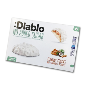 Diablo Fyldte Cookies<br />Kokos, karamel og peanuts med hvid chokolade<br />Uden tilsat sukker