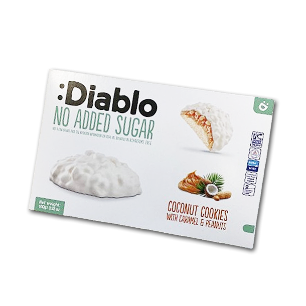 Diablo Fyldte Cookies<br />Kokos, karamel og peanuts med hvid chokolade<br />Uden tilsat sukker