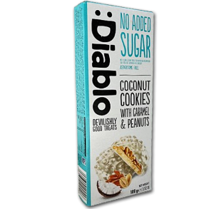 Diablo Fyldte Cookies<br />Kokos, karamel og peanuts med hvid chokolade<br />Uden tilsat sukker