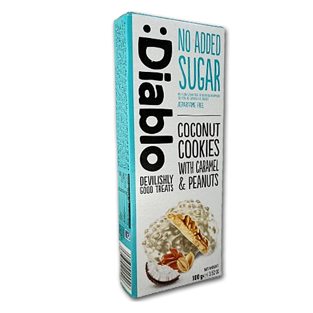 Diablo Fyldte Cookies<br />Kokos, karamel og peanuts med hvid chokolade<br />Uden tilsat sukker