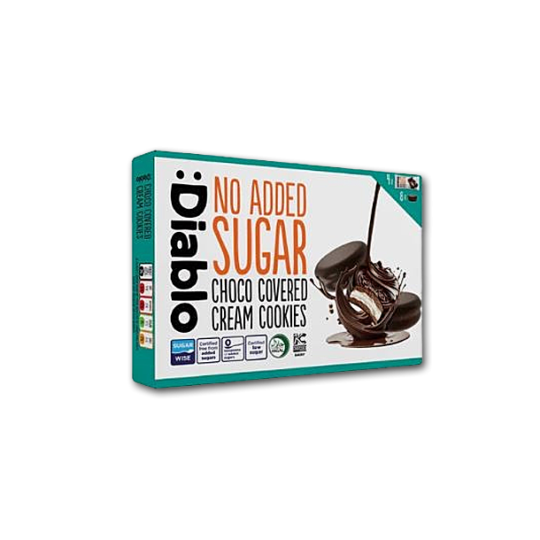 Diablo Cream Cookies med chokoladeovertrk<br />Ikke tilsat sukker