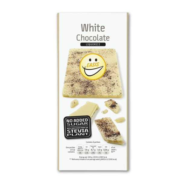 Easis Hvid chokolade med lakridsgranulat uden tilsat sukker