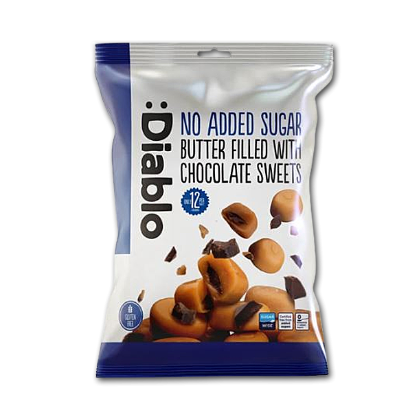 Diablo Fldekaramel Bolsjer med chokoladefyld<br />Sukkerfri