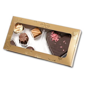 Luxus Chokolade og Marcipanhjerte i guld juleske med rude 