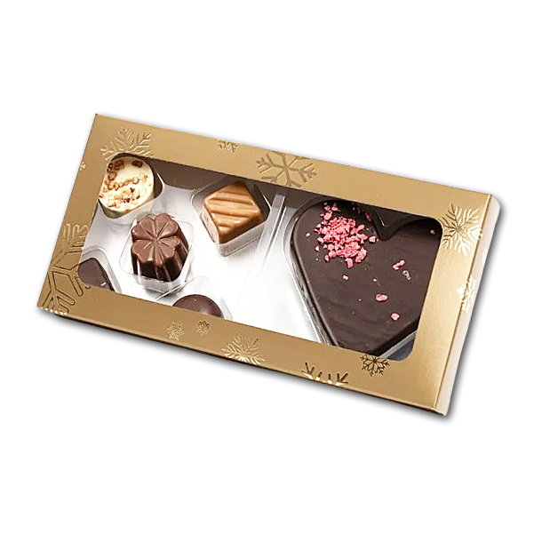 Luxus Chokolade og Marcipanhjerte i guld juleske med rude 