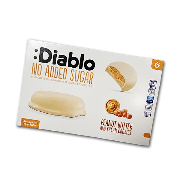 Diablo Fyldte Cookies<br />Peanutbutter med hvid chokolade<br />Uden tilsat sukker