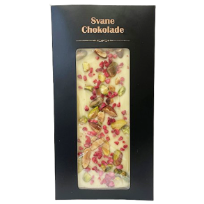 Svane Chokolade<br />Hvid Chokolade med Hindb�r, Pistacie og Mandler