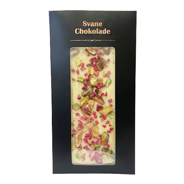 Svane Chokolade<br />Hvid Chokolade med Hindb�r, Pistacie og Mandler