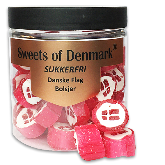 Sweets Denmark Sukkerfri Danske Flag Bolsjer med jordbærsmag uden sukker Danish Sweets