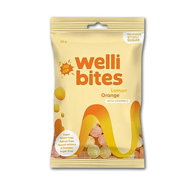 Welli Bites Appelsin &amp; Citron Bolsjer<br />Sukkerfri