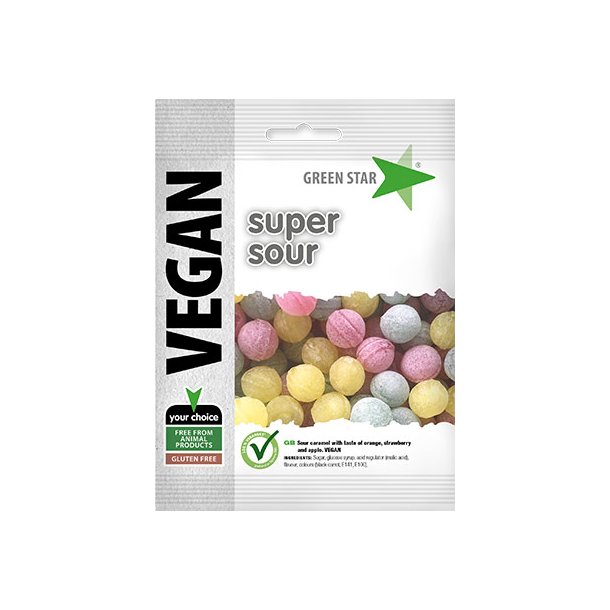 Green Star Super Sour | Super sure bolsjer med af appelsin, jordbær og æble | Vegansk og glutenfri hos Svanenet